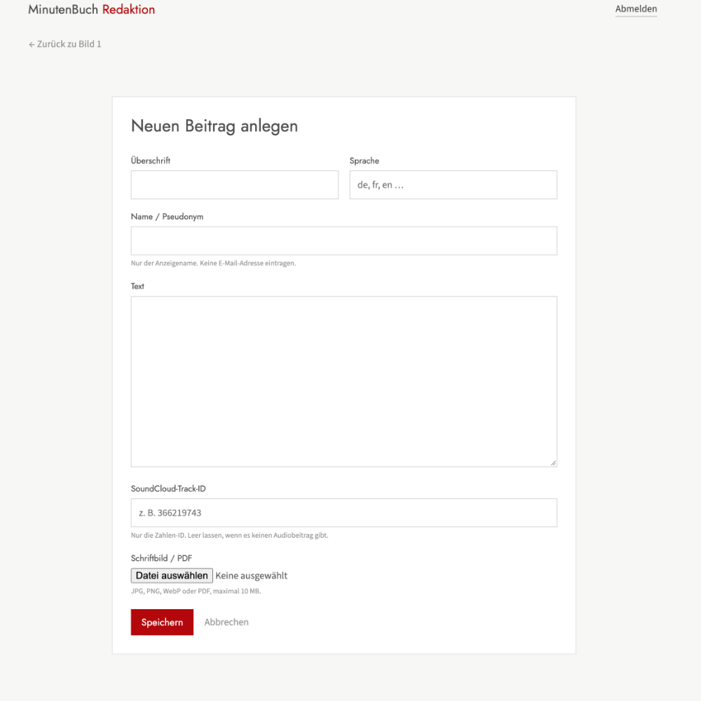 Redaktionsbereich von MinutenBuch.de zum Anlegen und Zuordnen neuer Beiträge