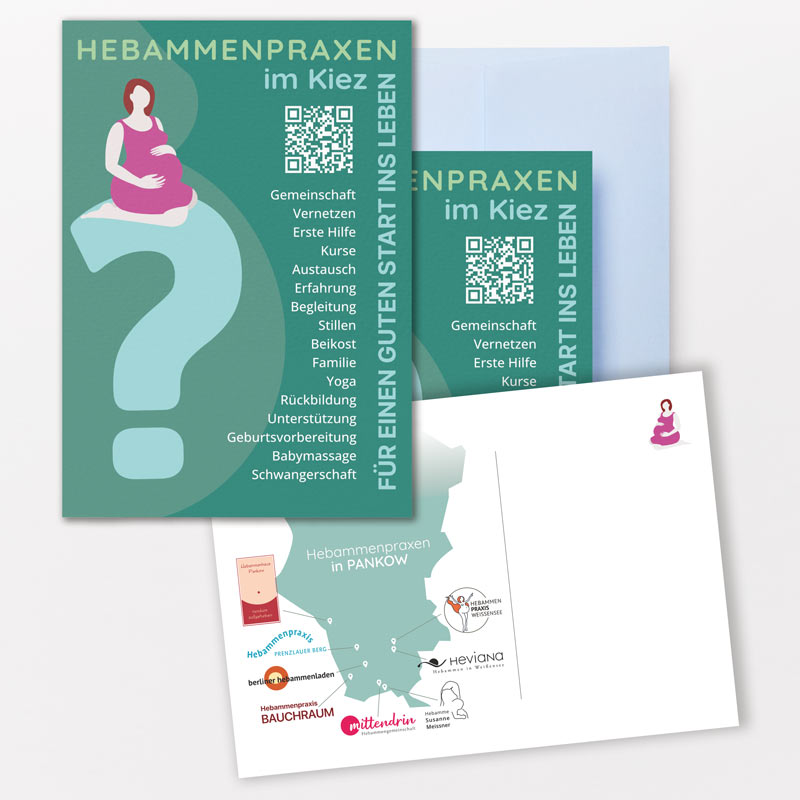 Hebammenpraxen im Kiez – Postkarte im gemeinsamen Gestaltungssystem