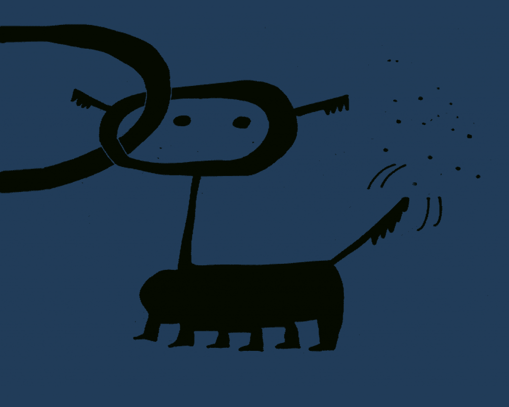 Illustration Hund mit leerer Gedankenblase auf blauem Grund