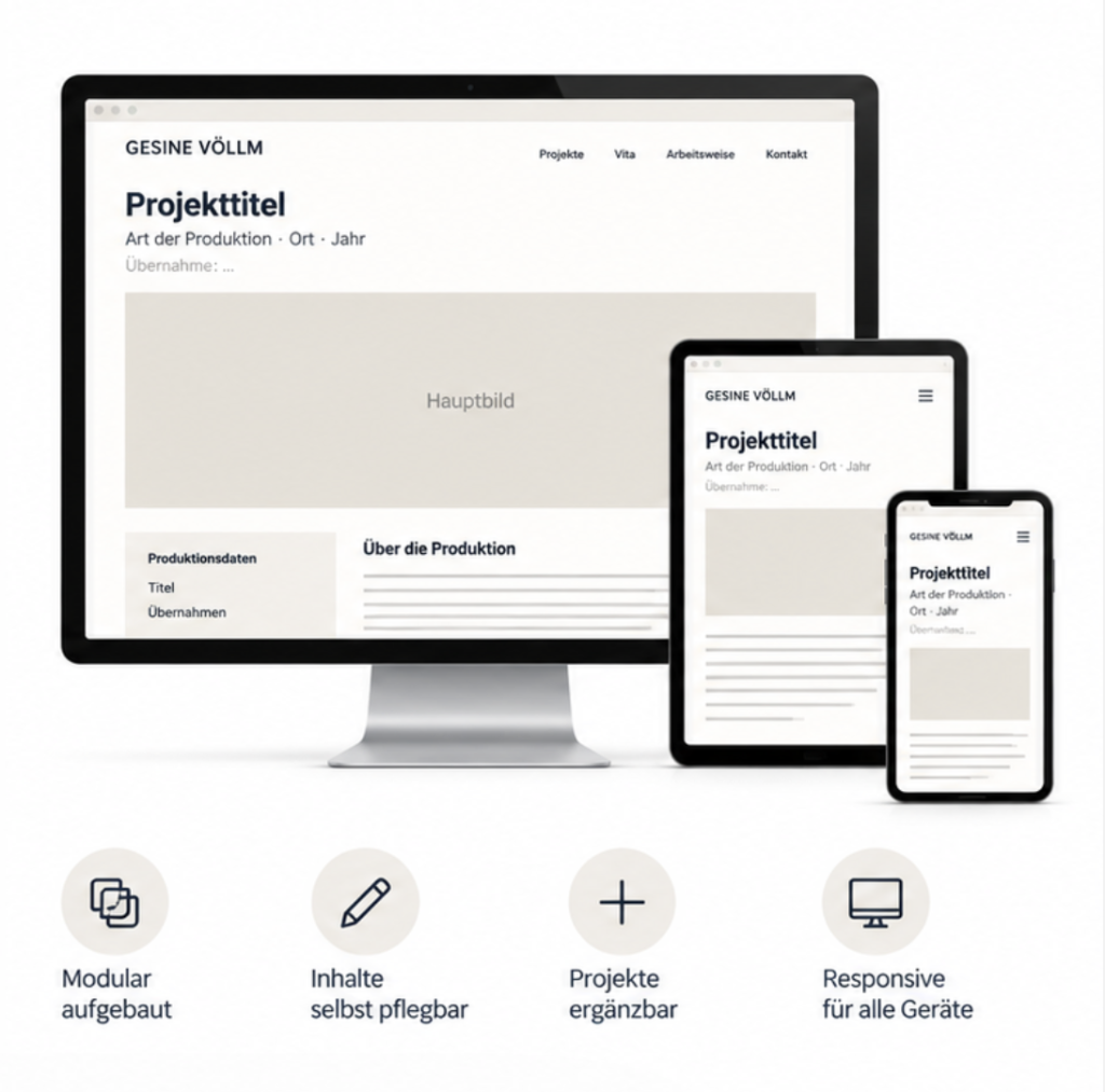 WordPress-Projektseite für Gesine Völlm mit Produktionsdaten, Text und Bildmaterial